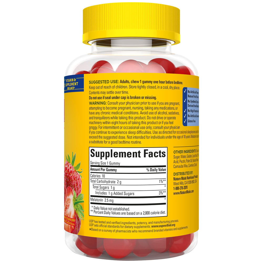 Nature Made Melatonin Gummies brand logo closeup conveys trust and quality.