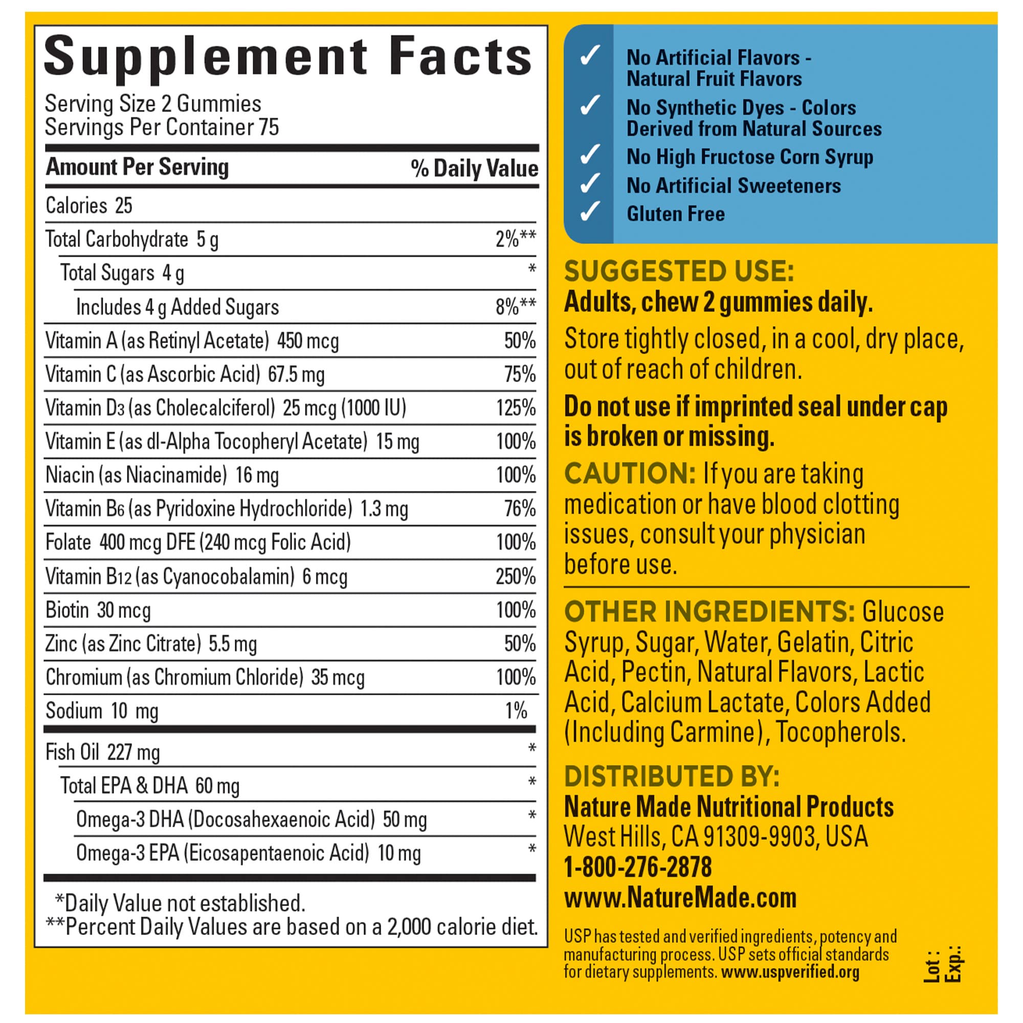 Made in the USA badge on Nature Made multivitamin gummies packaging