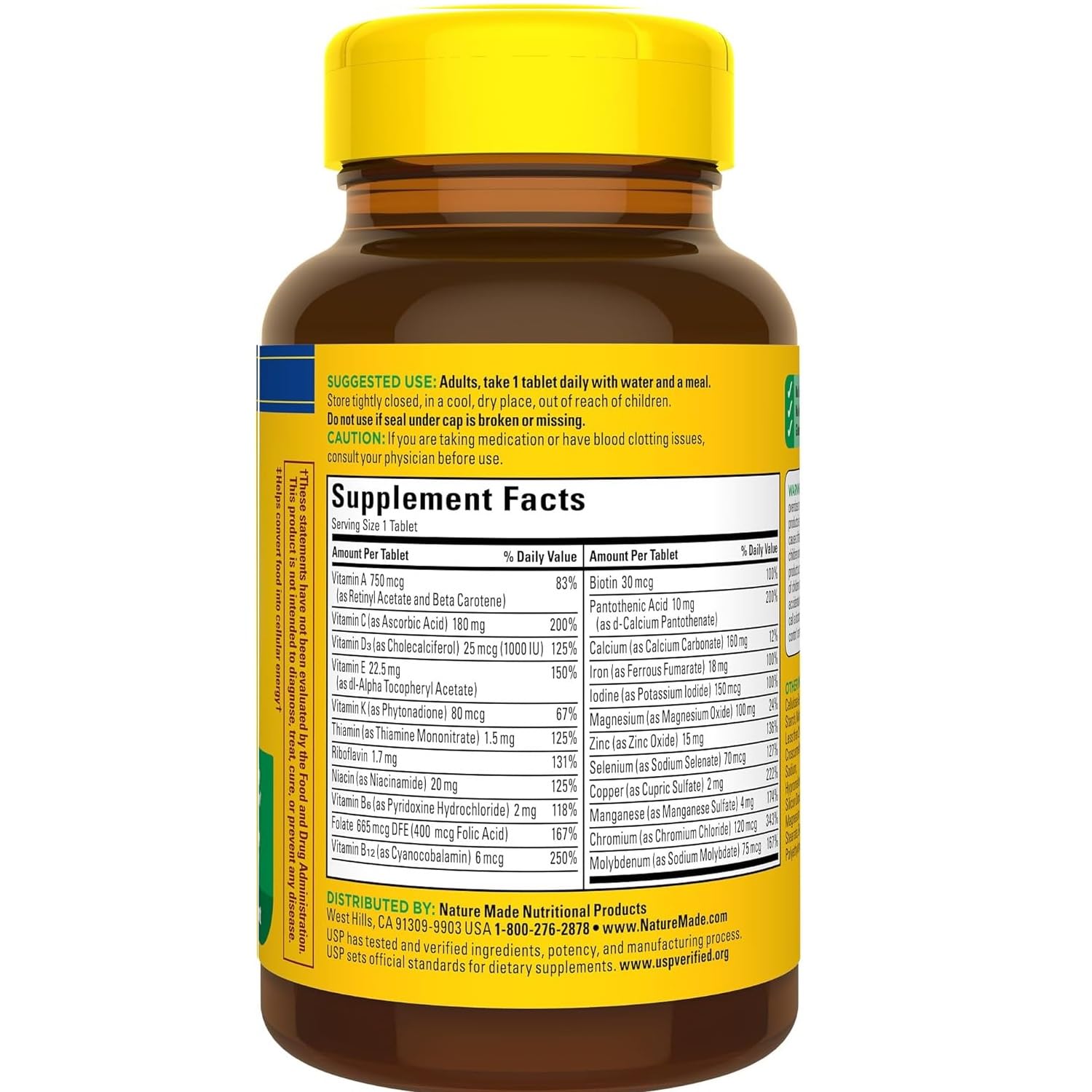 Nature Made Multi Complete bottle label shows ingredients and values for daily health support