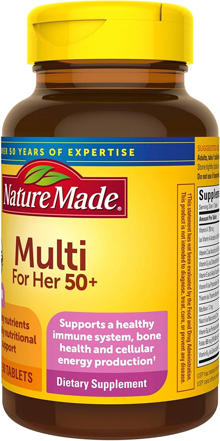 Nature Made Multi for Her 50+ bottle on kitchen counter supports a simple daily routine