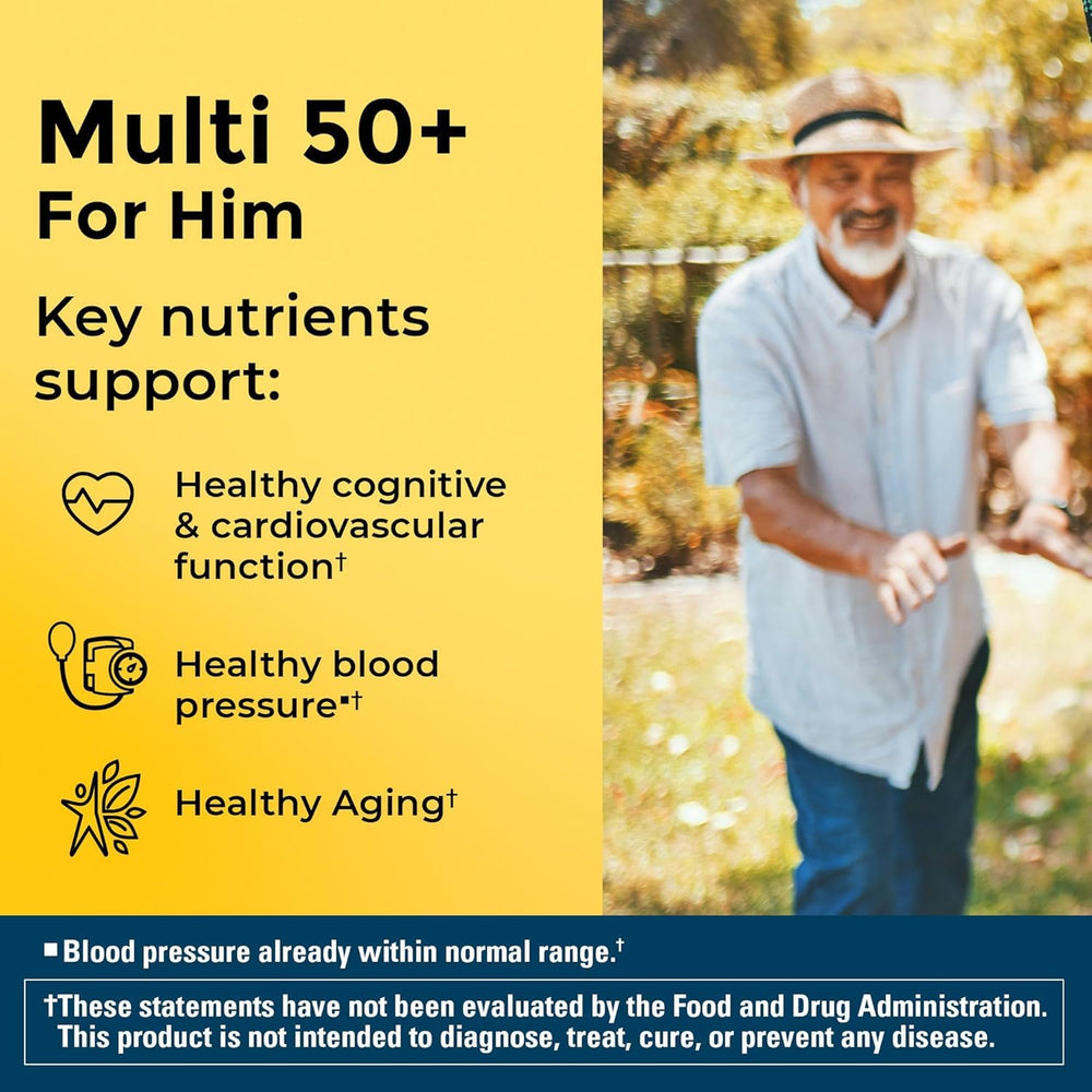 Nature Made Multi for Him 50+ bottle open shows easy daily dosing