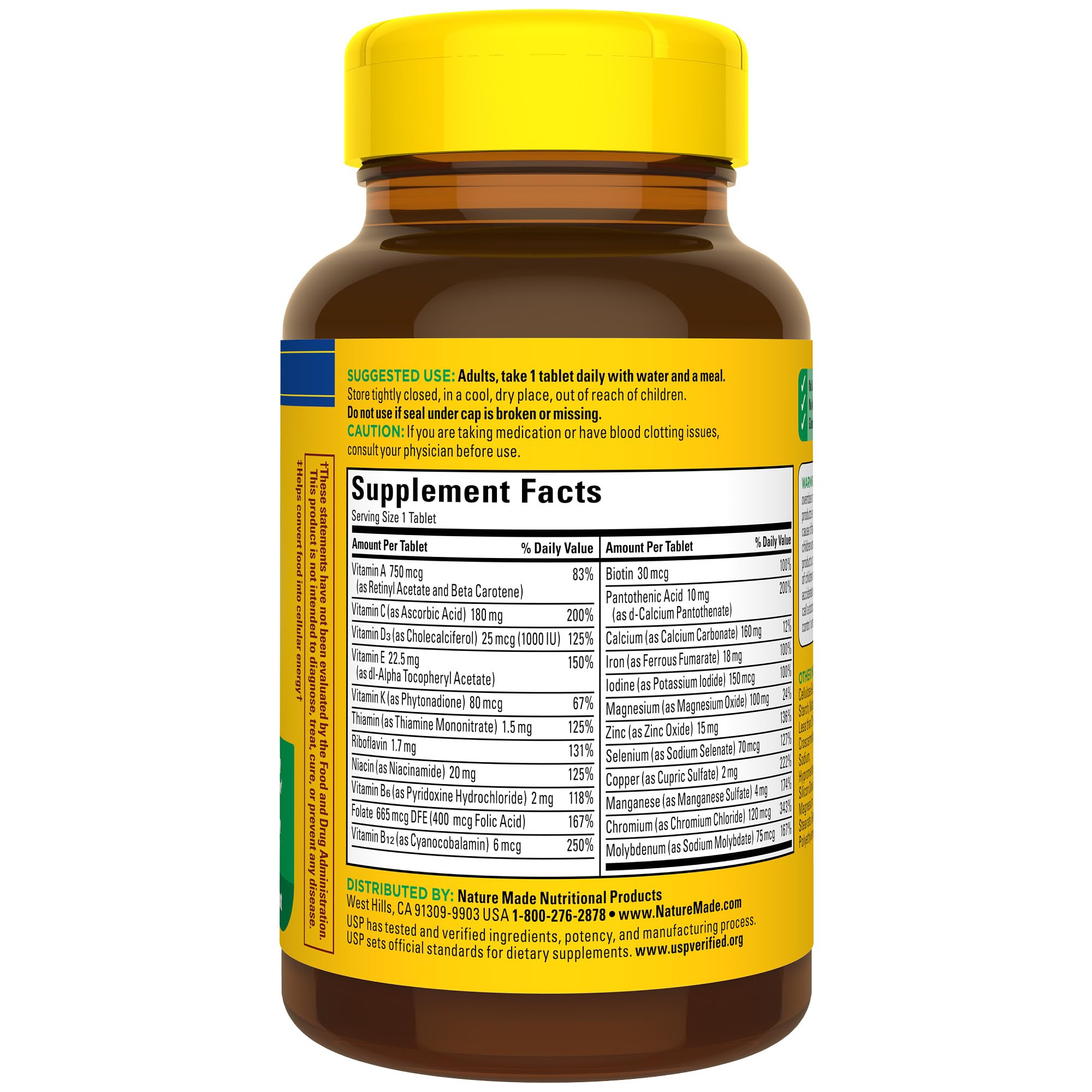 Nature Made multivitamin iconography for vitamin D3 and iron closeup.