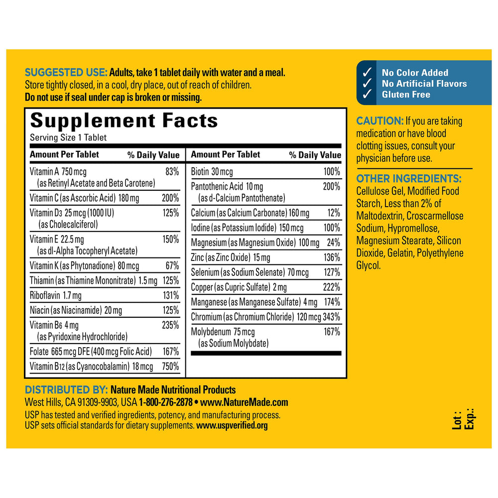 Nature Made Multivitamin for Him gluten free badge on packaging