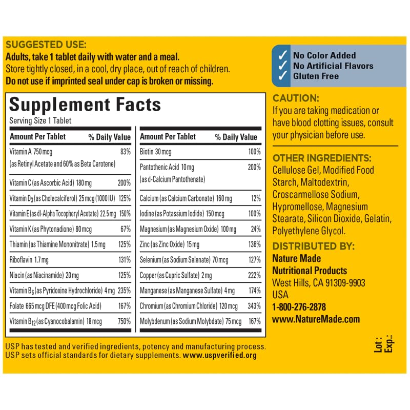 Nature Made Multivitamin for Him nutrition facts panel with key benefits