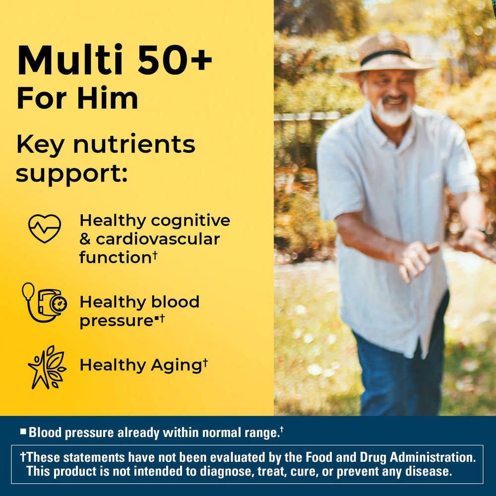 Nature Made Multivitamin For Him 50+ label highlights 22 nutrients for daily use.