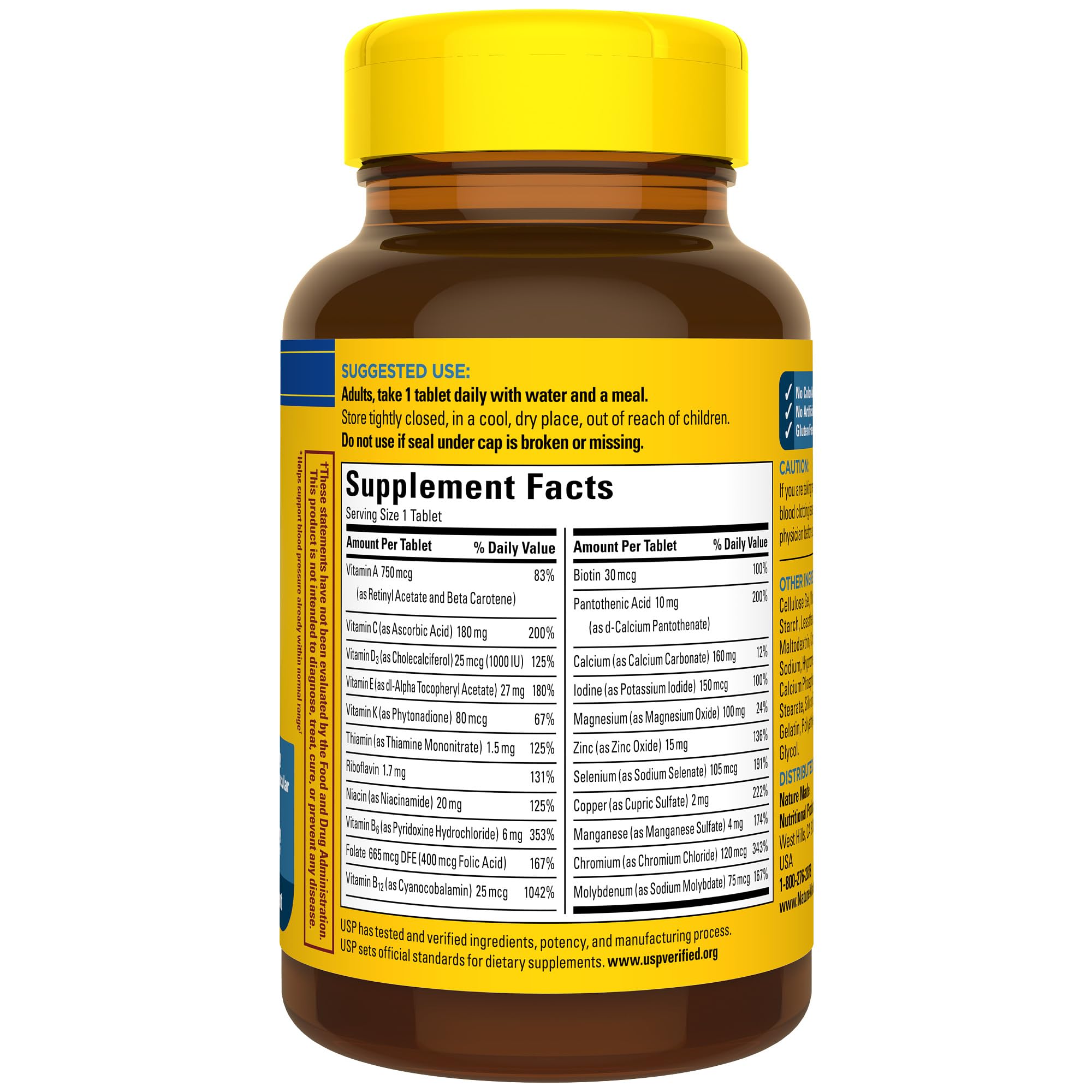 Close-up of Nature Made 50+ pills suggests easy daily use.