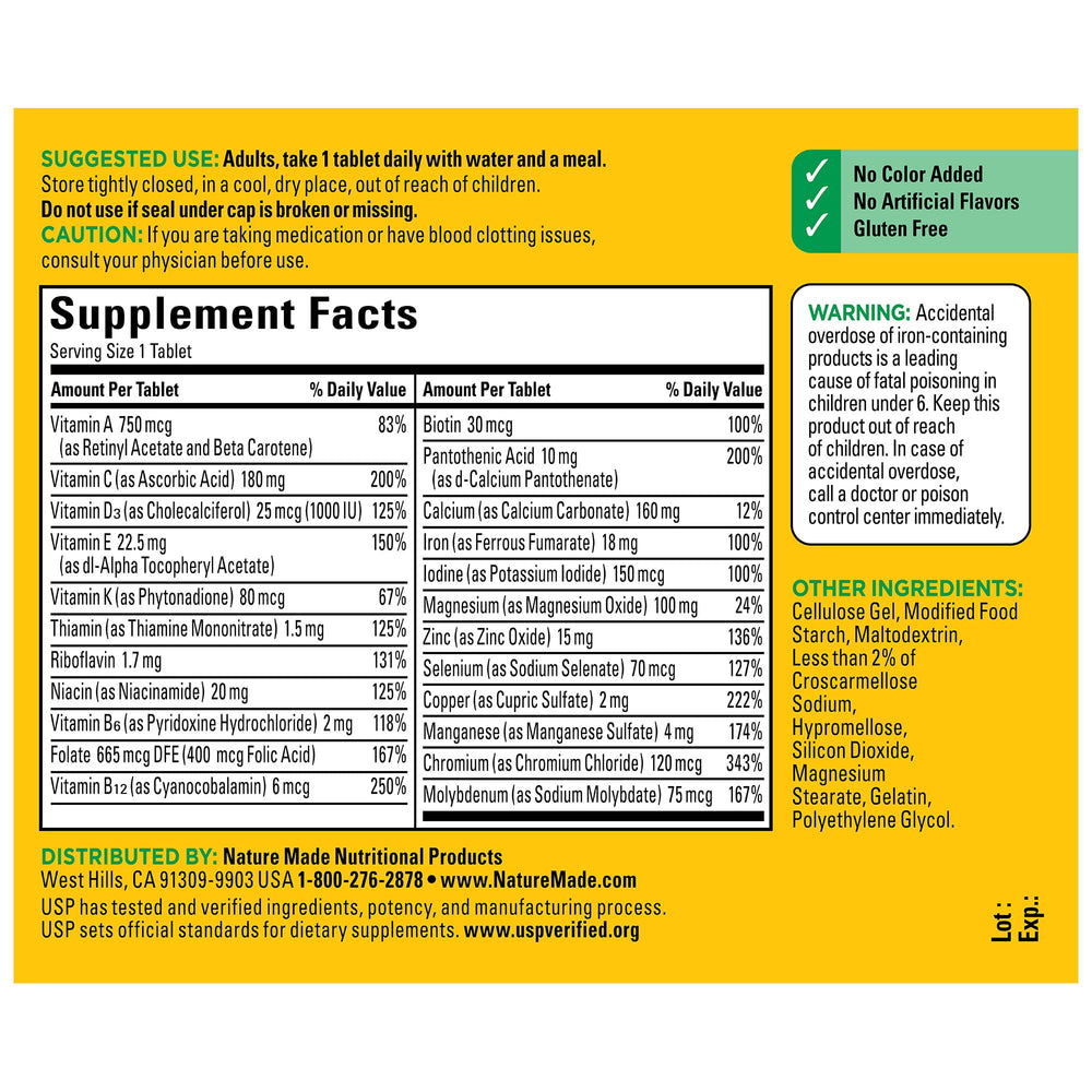 Nature Made multivitamin with water and meal demonstrates simple daily intake.