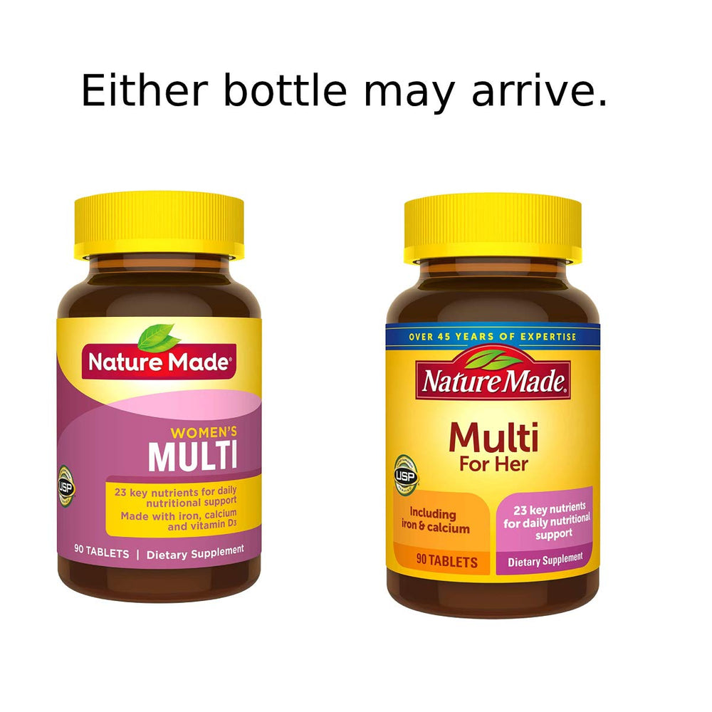 Nature Made Nm Essential Woman Multi bottle label highlights ingredients and daily use.
