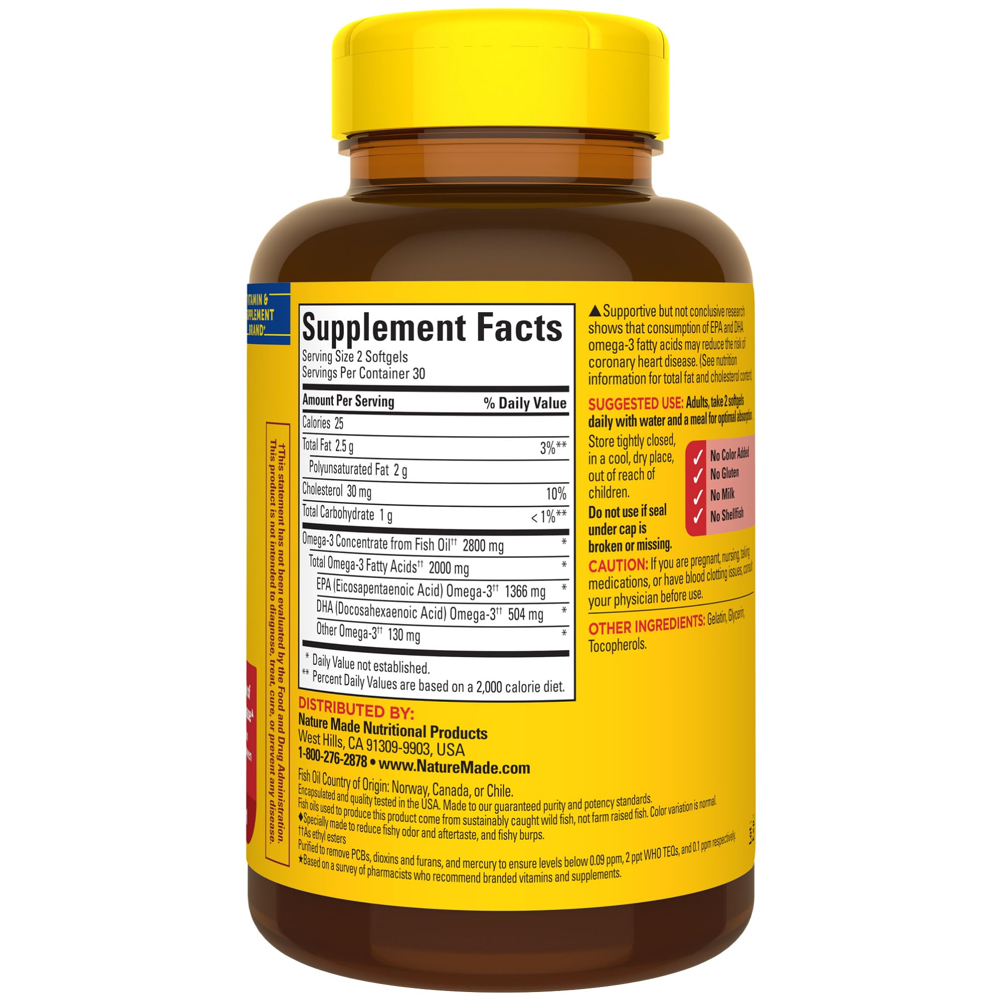 Gluten-free Nature Made Omega-3 formula without artificial color.