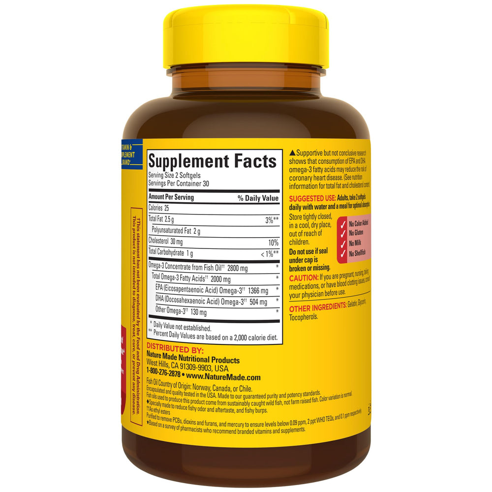 Gluten-free Nature Made Omega-3 formula without artificial color.