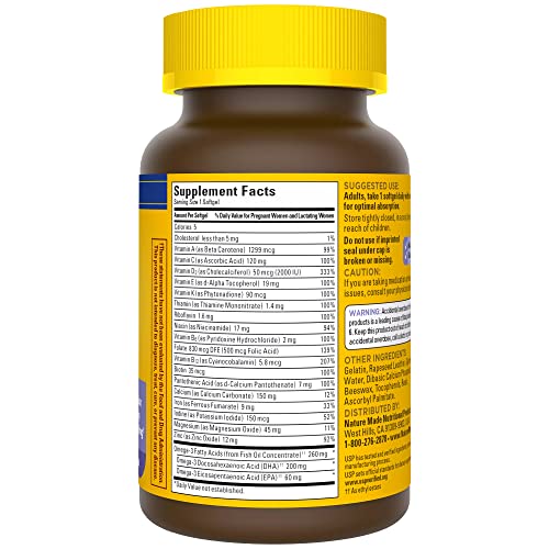 Nutrition facts label of Nature Made Postnatal Multivitamin + DHA including minerals