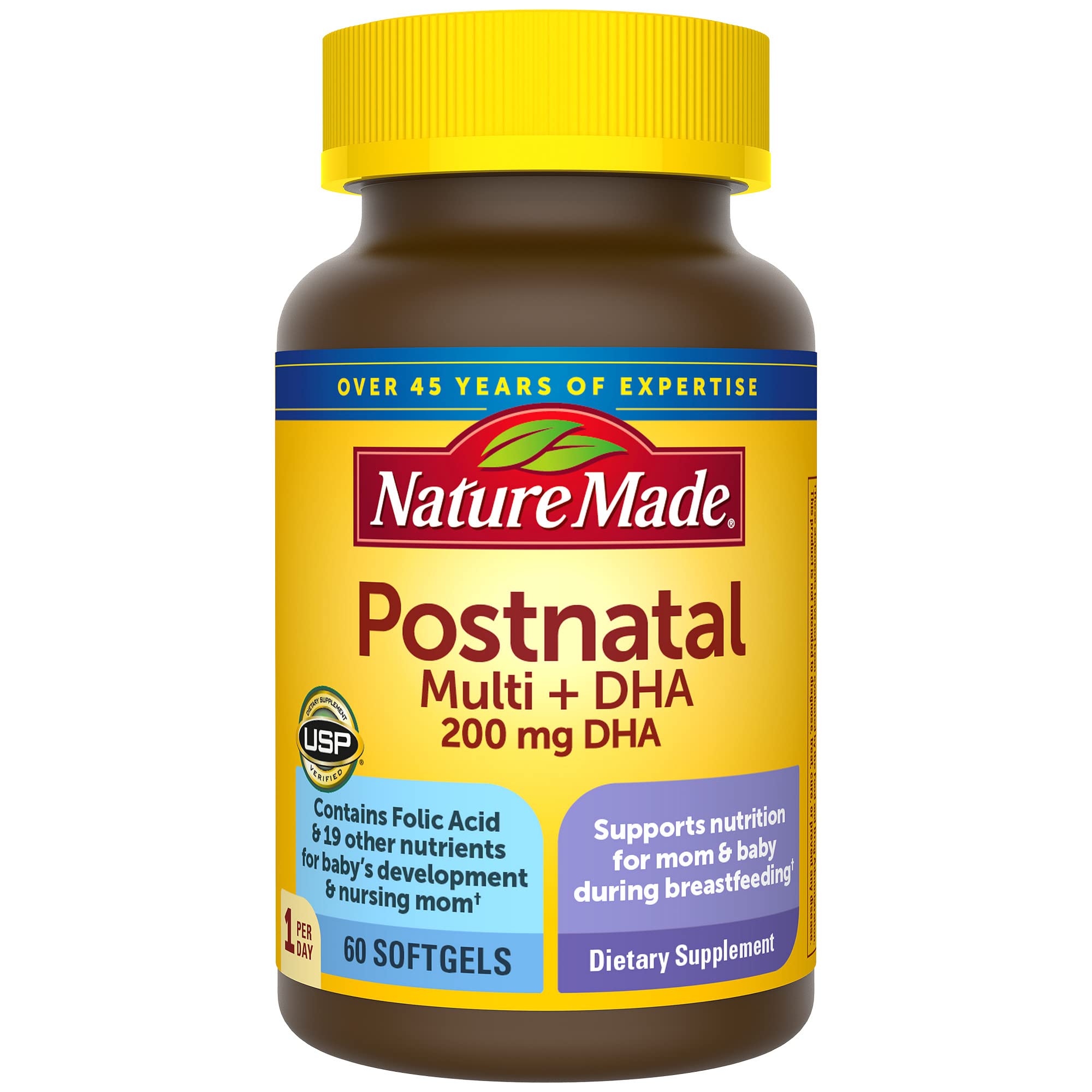 Nature Made Postnatal Multivitamin + DHA bottle with 60 softgels for breastfeeding support