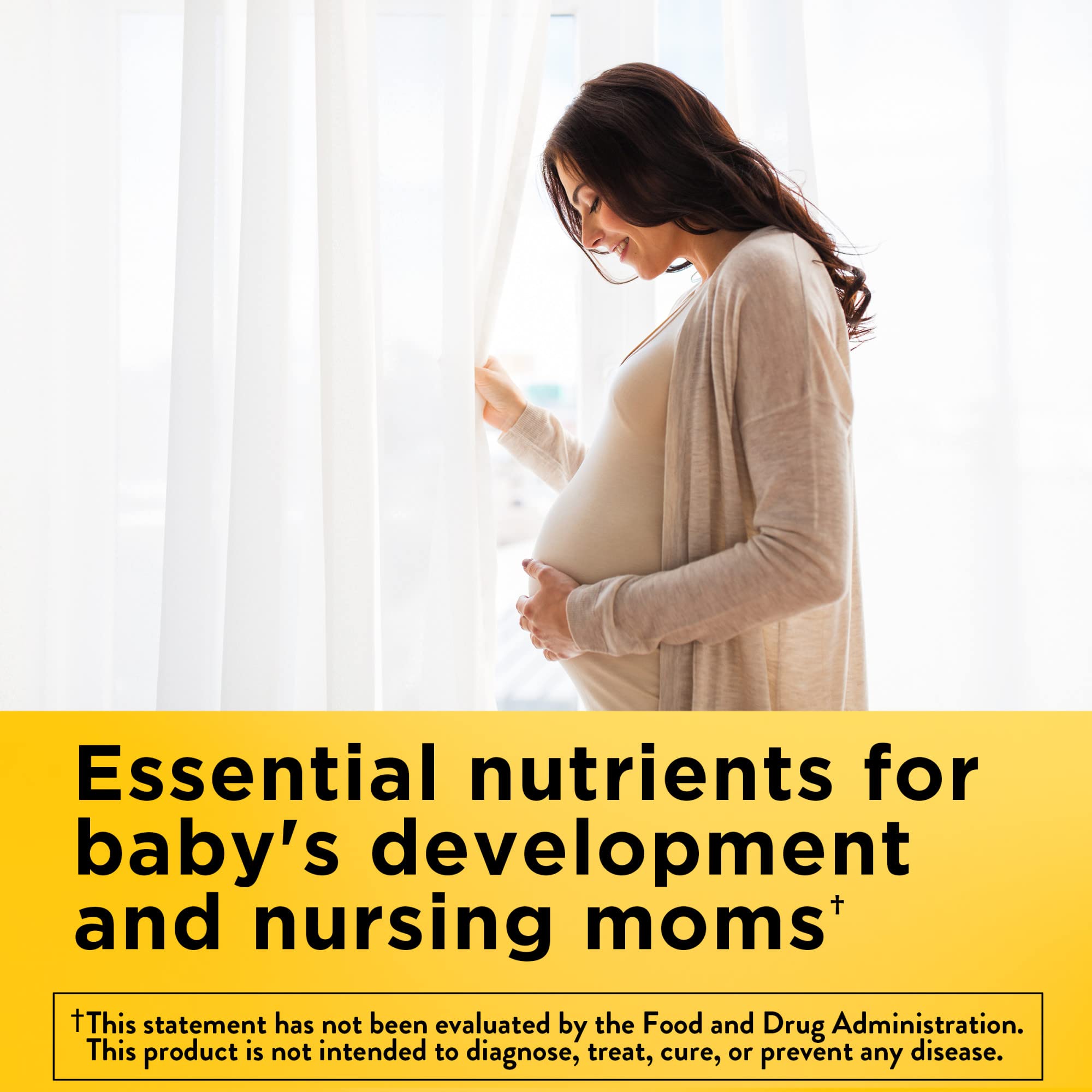 Closeup of Nature Made Postnatal Multivitamin + DHA softgels highlighting daily use