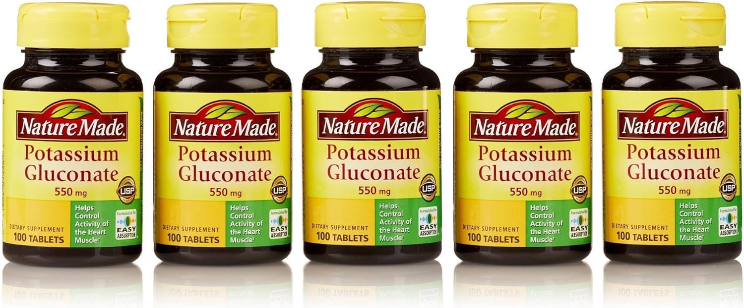 Nature Made Potassium Gluconate 550mg bottle top showing easy daily mineral supplementation