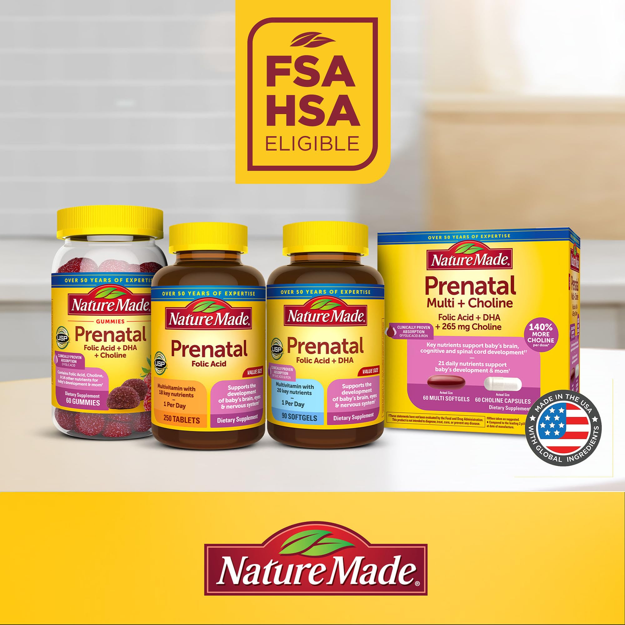 Nature Made Prenatal vitamin bottle detailing eight B vitamins for mom's energy.