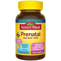 Nature Made Prenatal bottle front for daily maternal and fetal nutrition.