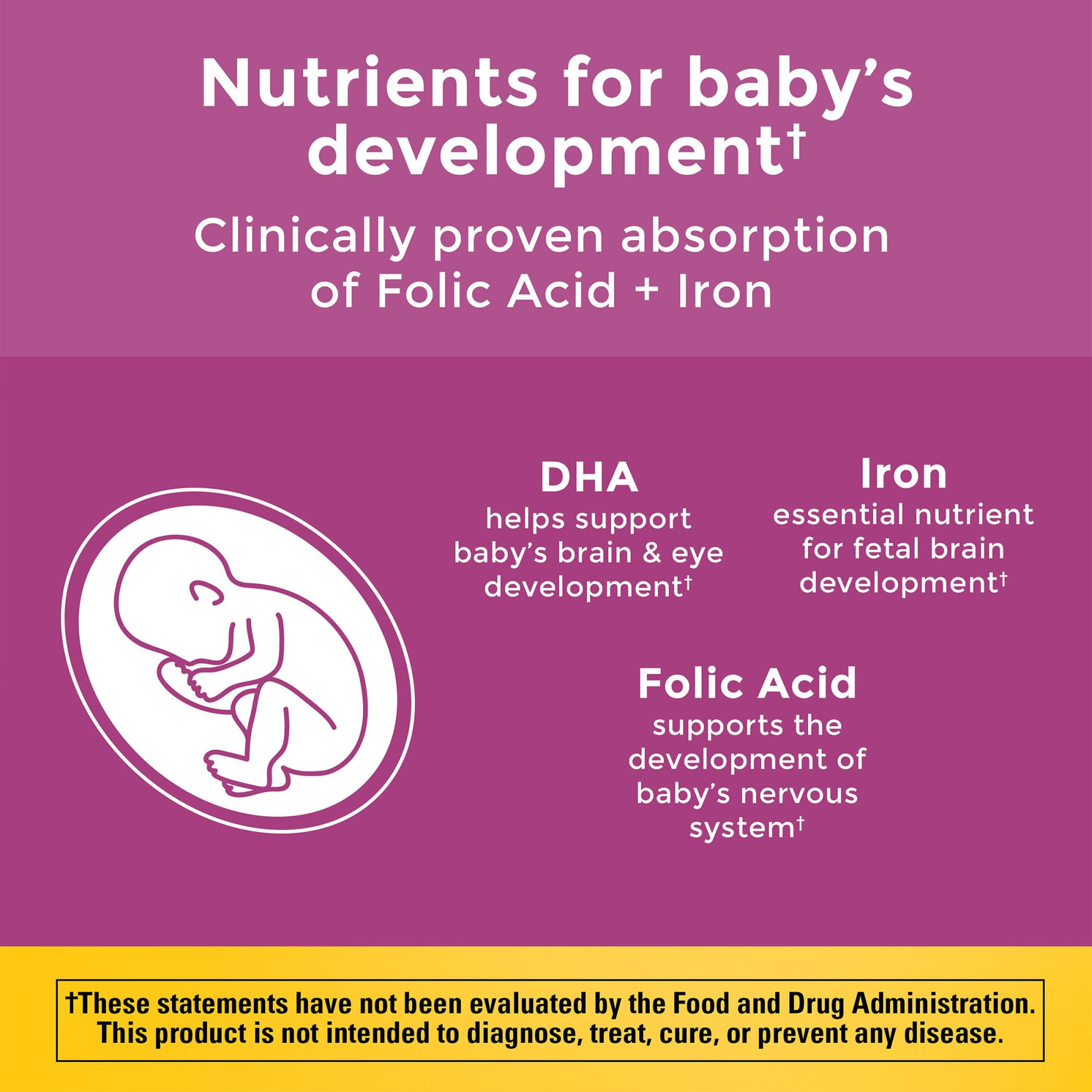 Nature Made Prenatal DHA softgel close-up highlighting omega-3 support for baby's development.