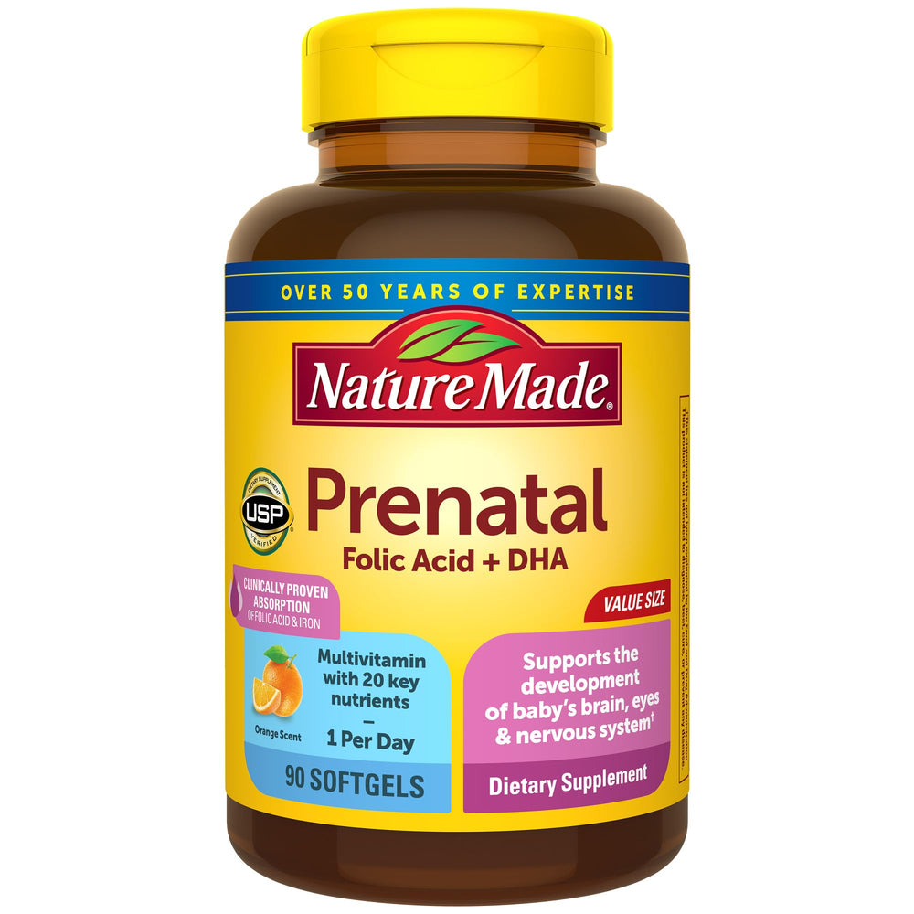 Nature Made Prenatal bottle front view highlighting DHA and folic acid for fetal development