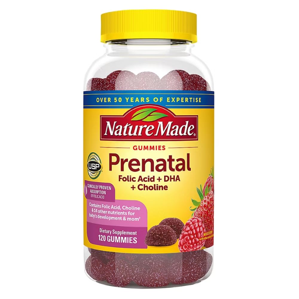 Nature Made Prenatal Gummies bottle front in berry flavor for convenient daily prenatal support.