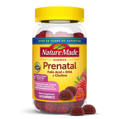 Nature Made Prenatal Gummies bottle front with DHA and folic acid for daily prenatal nutrition.