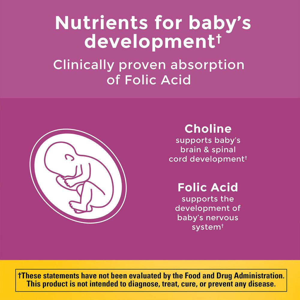 Nature Made Prenatal Gummies label highlights DHA and folic acid benefits.