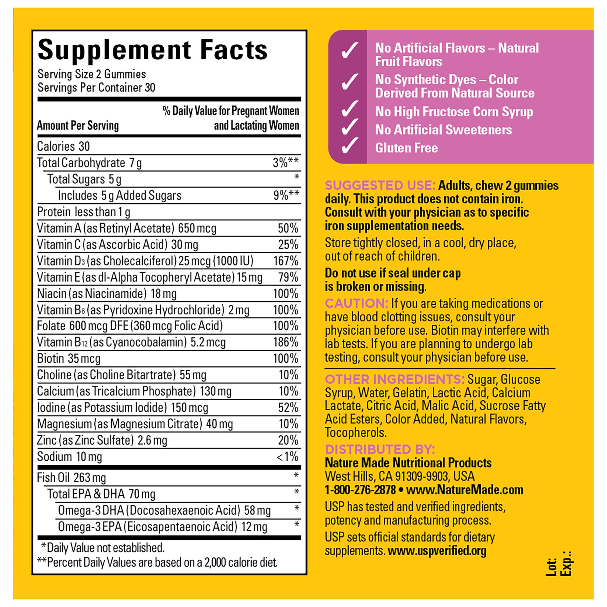 Nature Made Prenatal Gummies ingredients include choline and B vitamins.