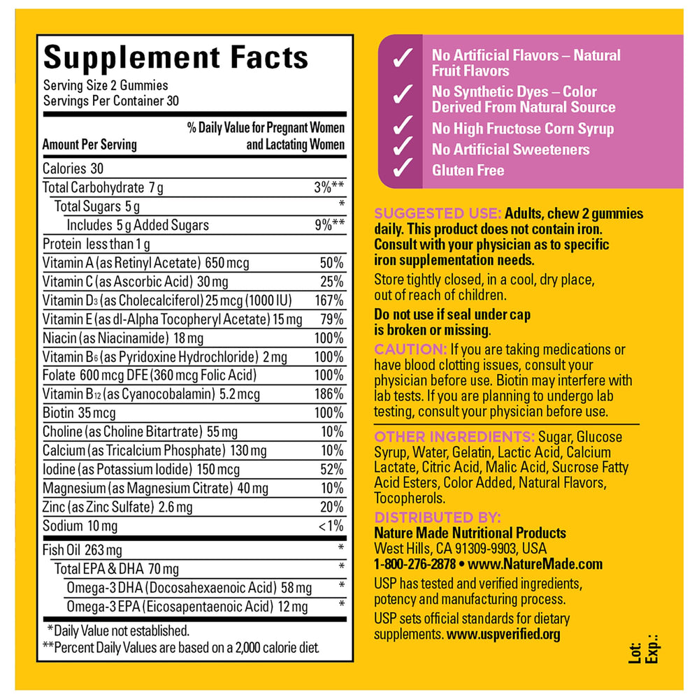 Nature Made Prenatal Gummies ingredients include choline and B vitamins.