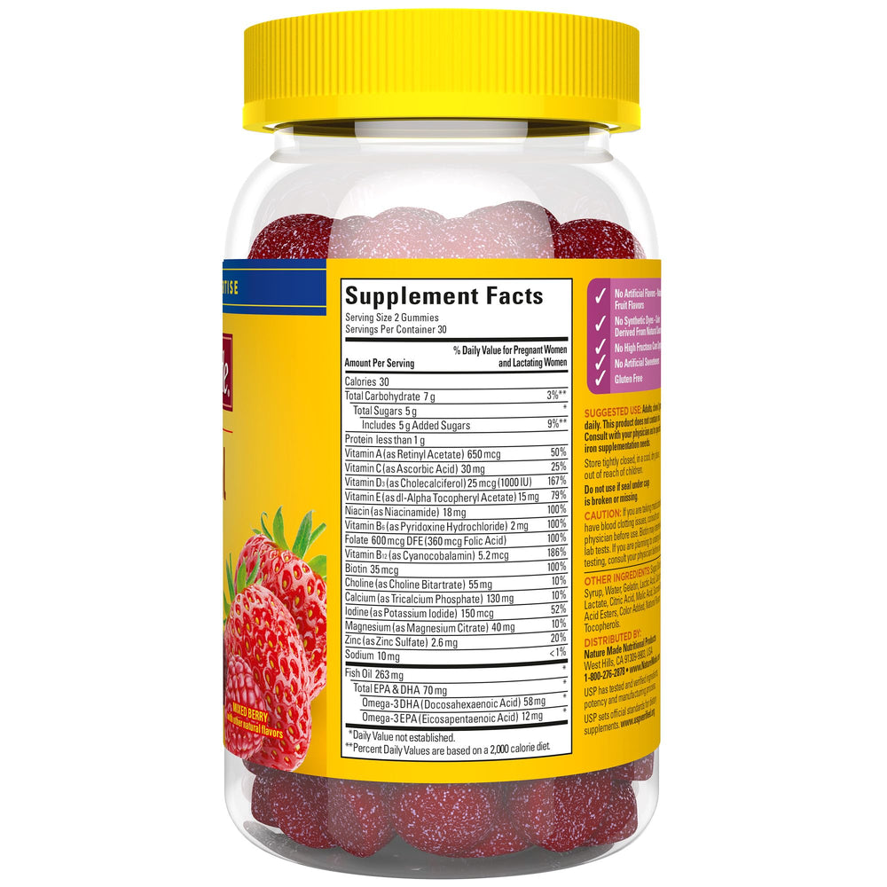 Nature Made Prenatal Gummies on a kitchen table ready to take.