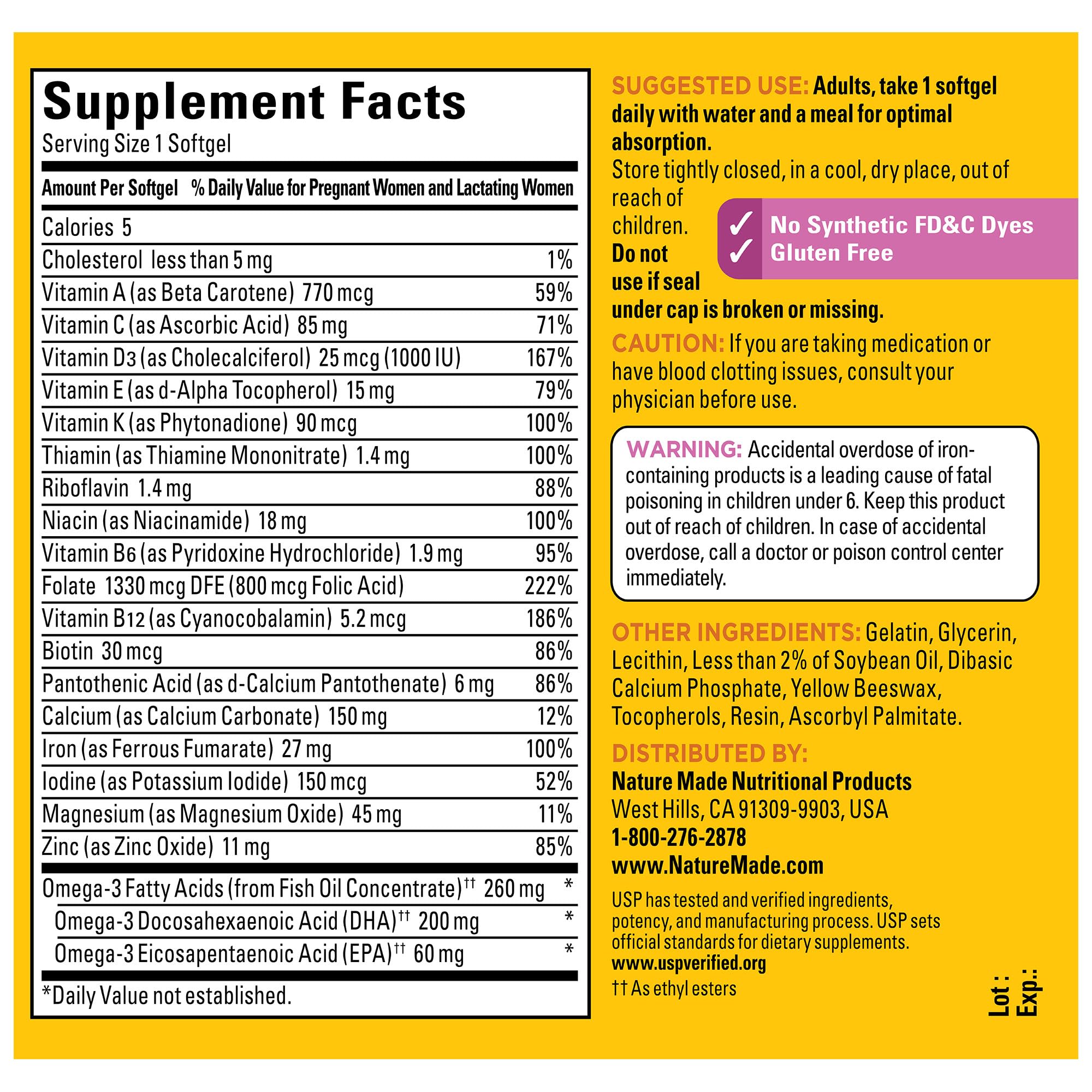 Nature Made Prenatal bottle shows 200 mg DHA for fetal development support.