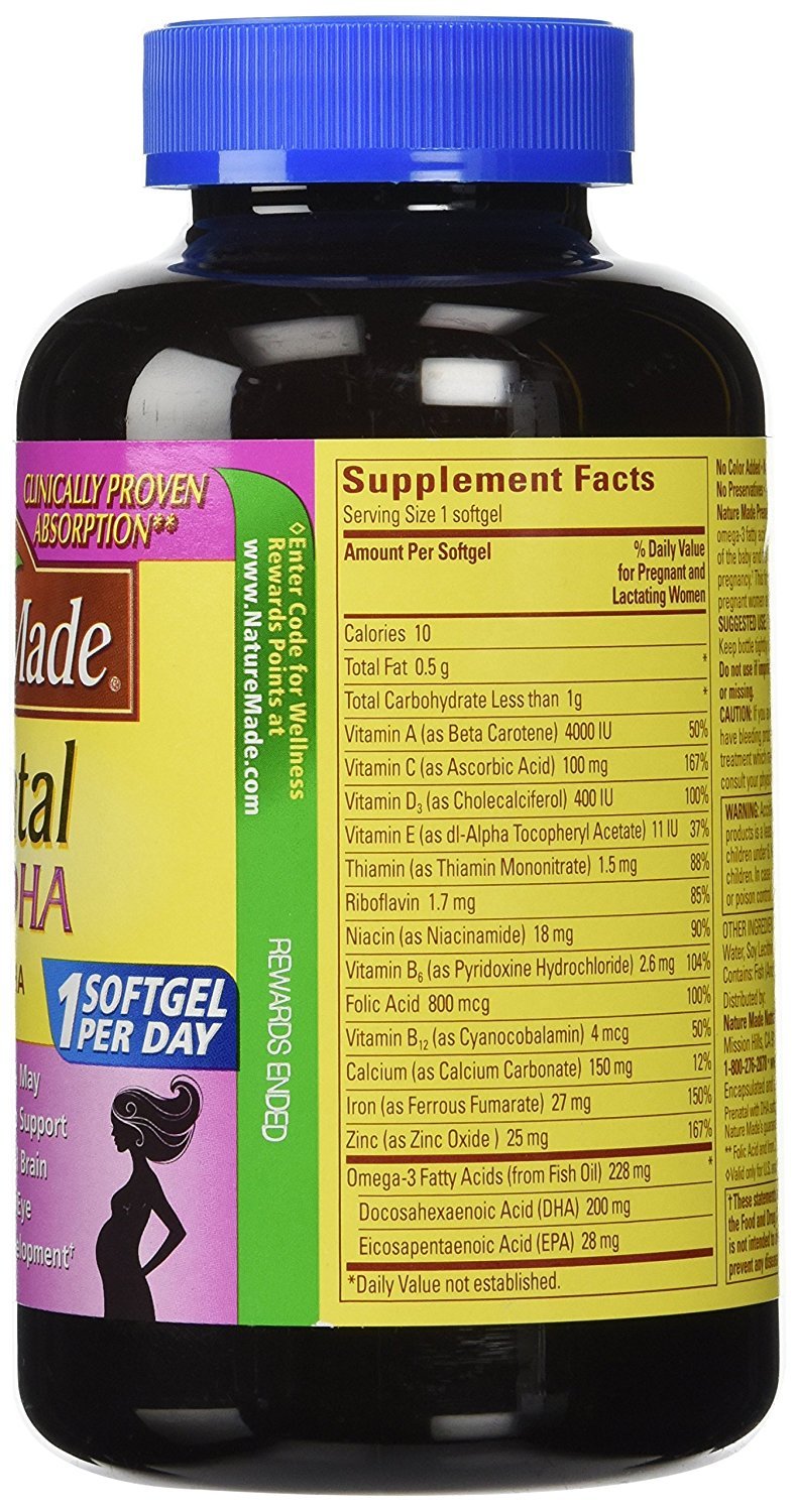 Close-up of Nature Made Prenatal Multi + DHA softgels in bottle for convenient daily nutrition