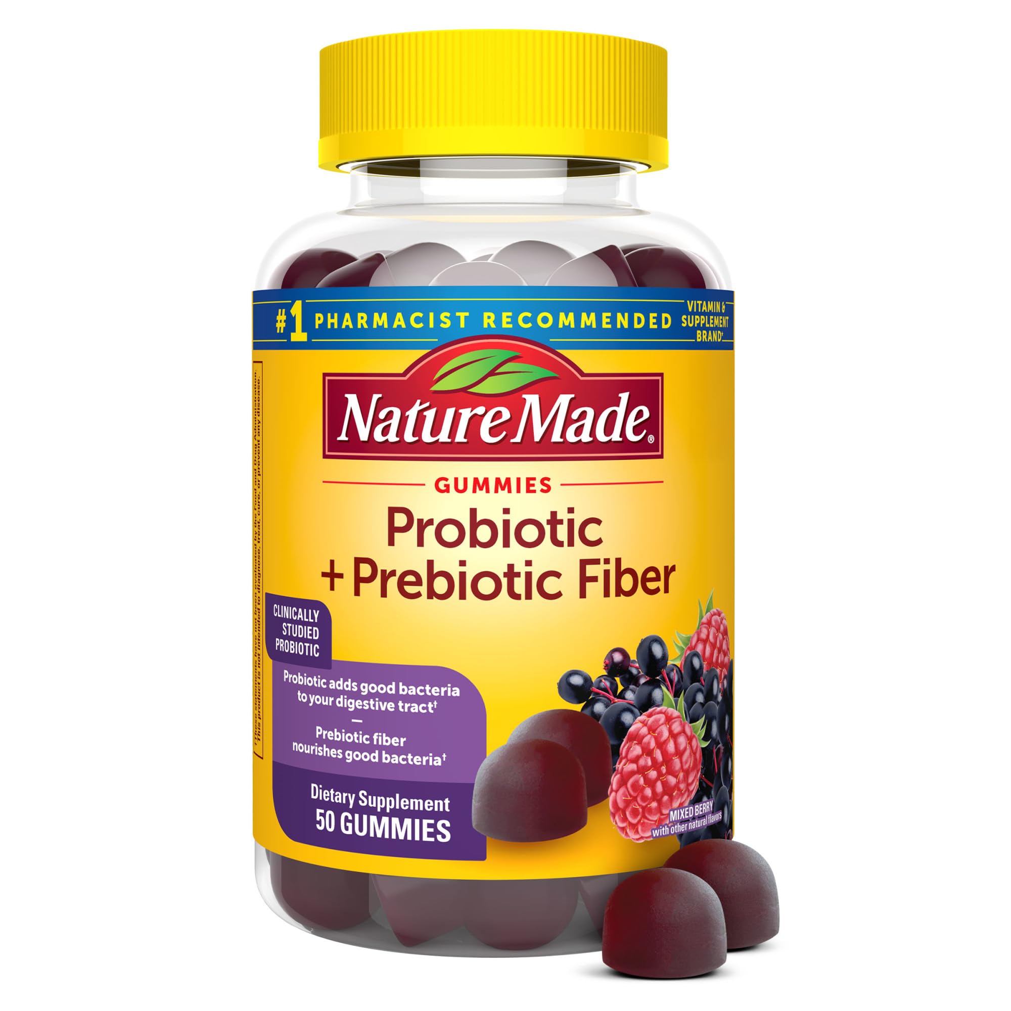 Nature Made Probiotic + Prebiotic Fiber Gummies bottle highlights gut health support for daily balance