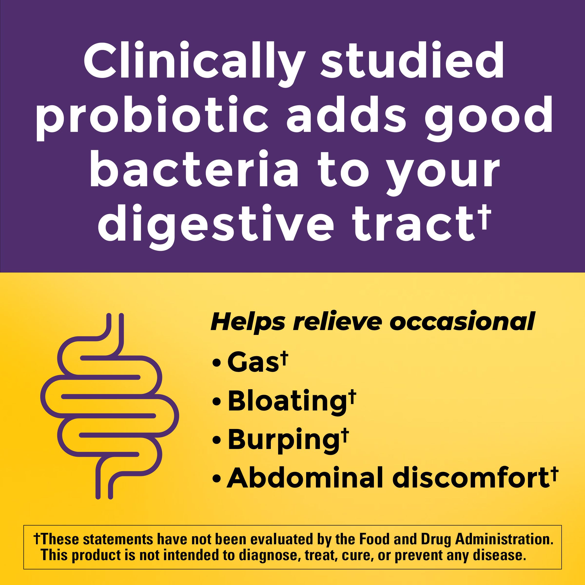 Two gummies serving image emphasizes easy daily intake for digestive comfort by Nature Made