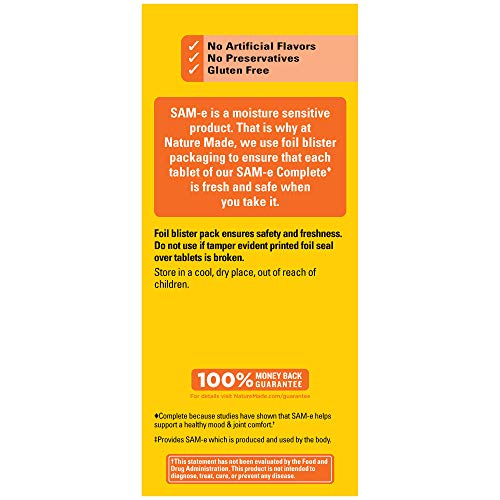 Nature Made SAM-e 200 mg Complete tablets close-up highlight daily mood support.