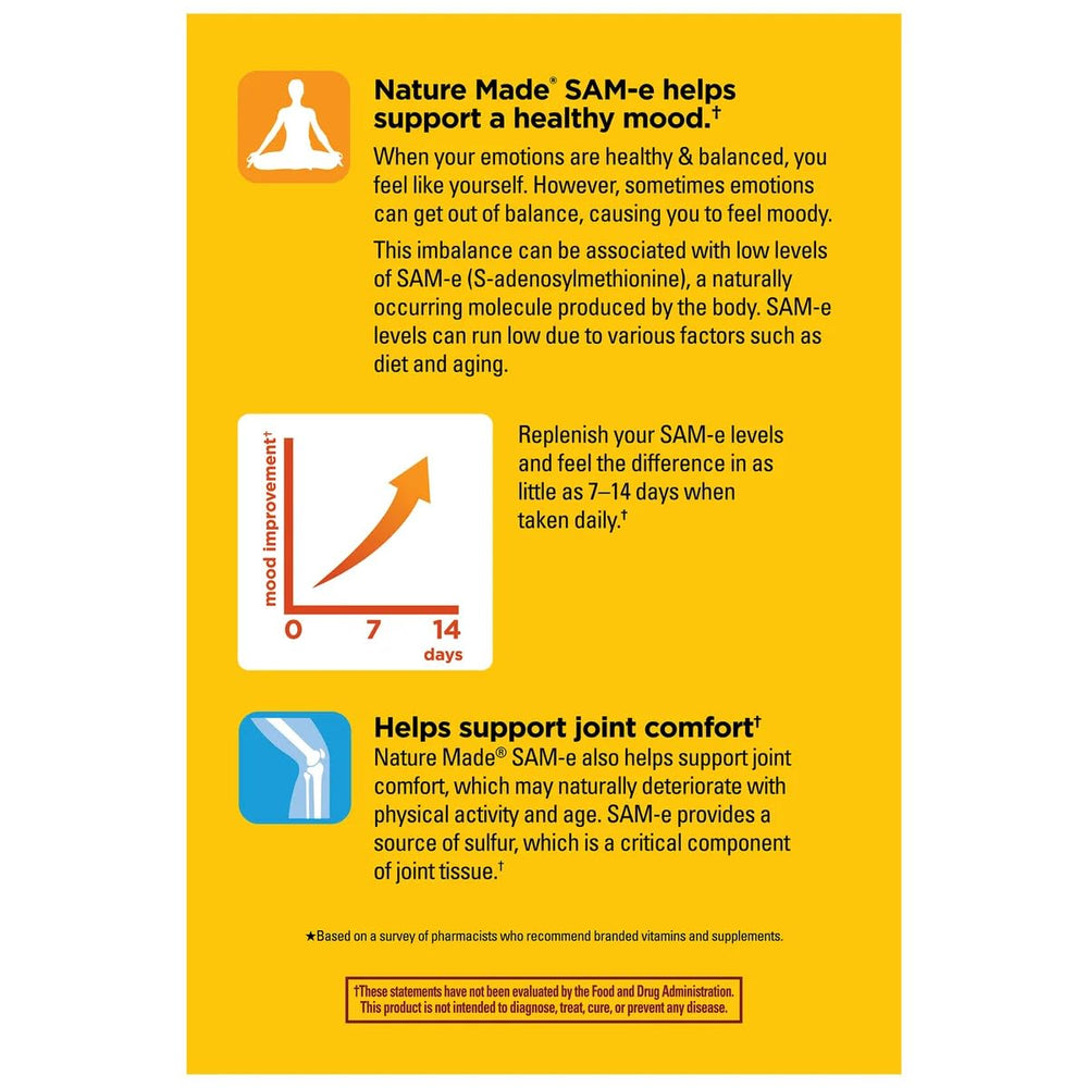 Nature Made SAM-e Complete 400 mg bottle pour demonstrates daily dosing in action.