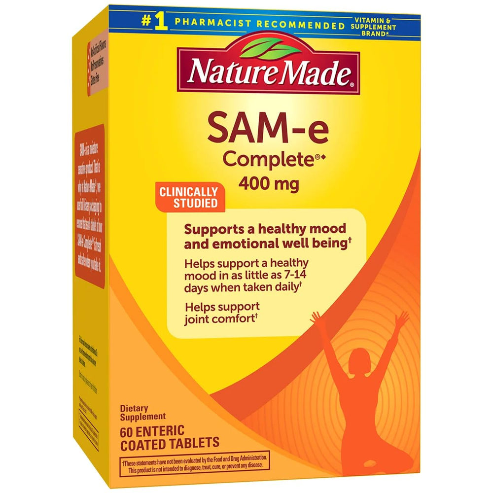 Nature Made SAM-e Complete 400 mg bottle side view highlights clear labeling for everyday wellness planning.