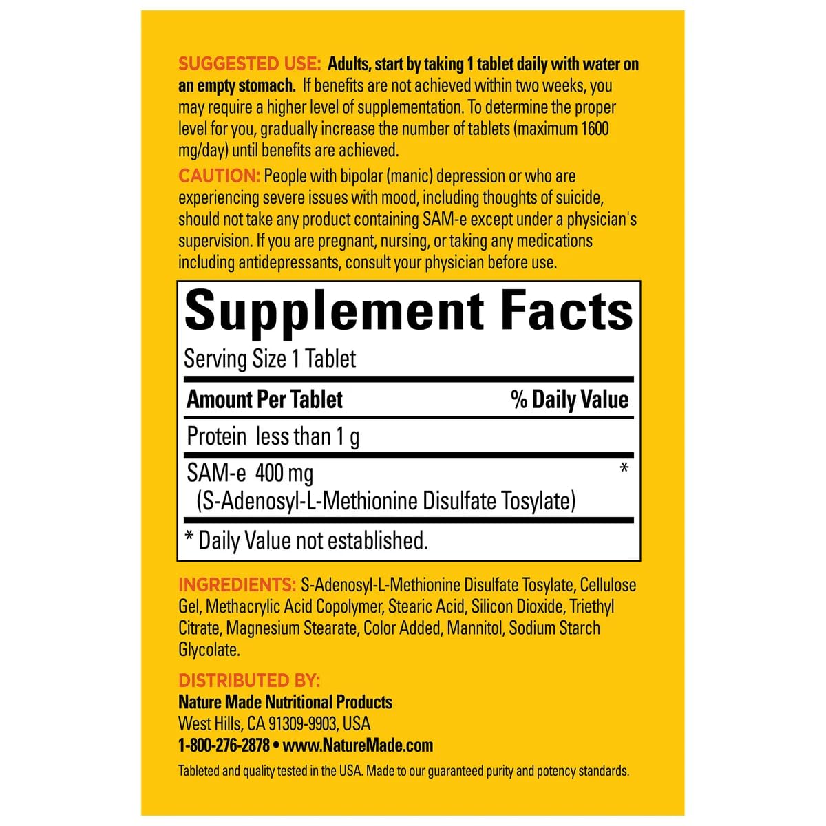 Nature Made SAM-e Complete 400 mg enteric coating detail emphasizes stomach-friendly design.