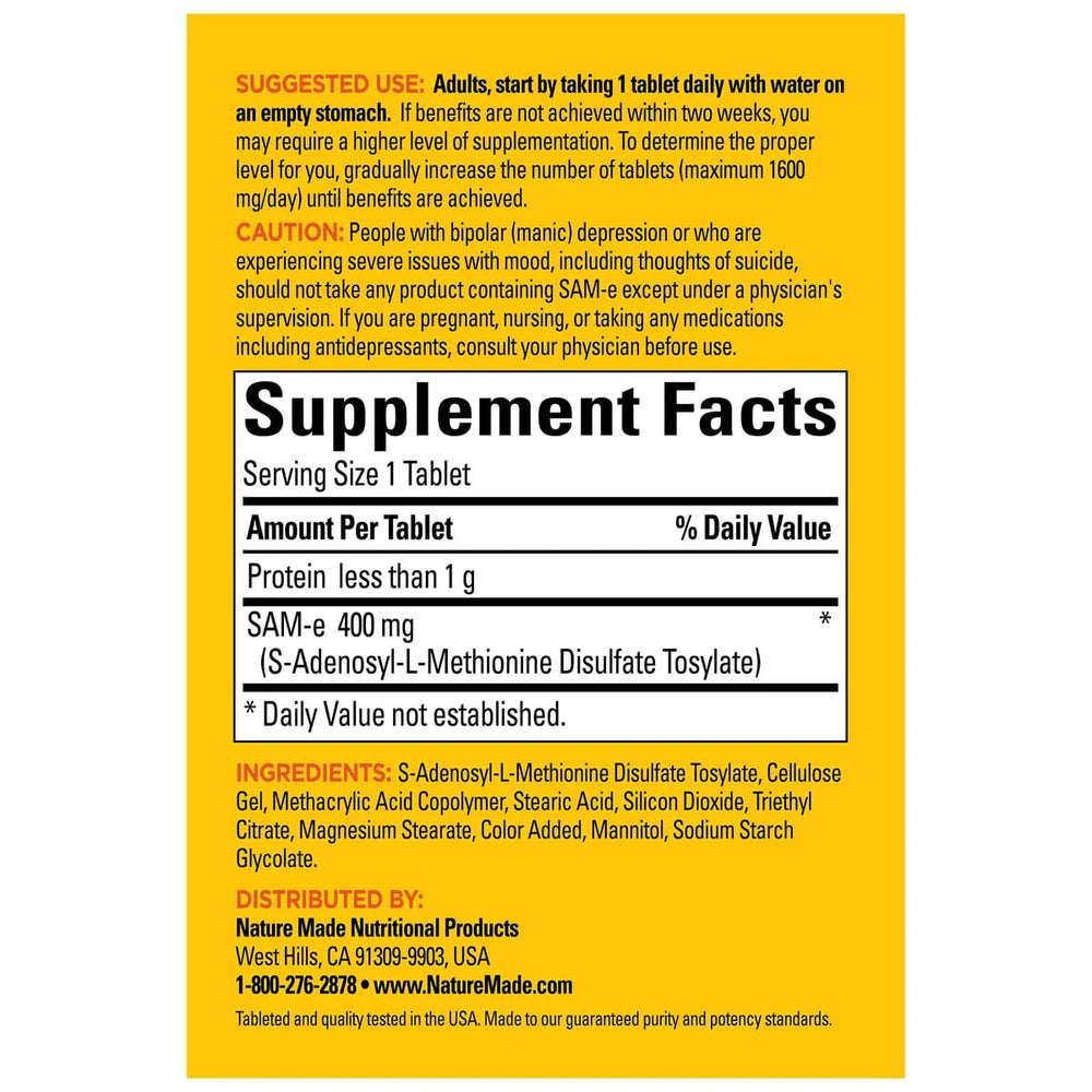 Nature Made SAM-e Complete 400 mg enteric coating detail emphasizes stomach-friendly design.