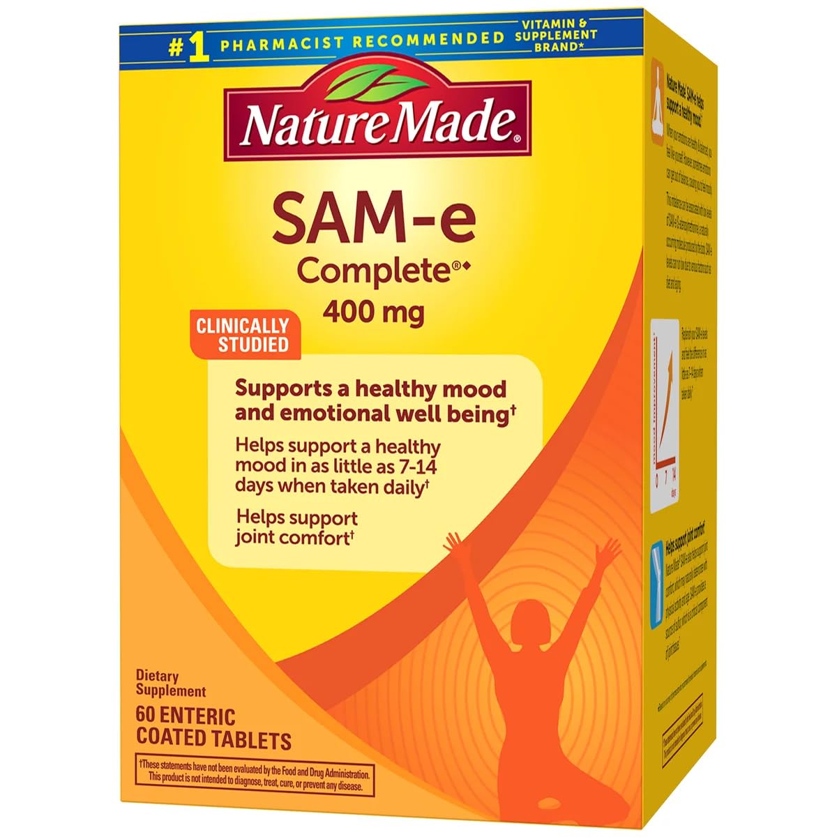 Nature Made SAM-e Complete 400 mg tablets close-up shows enteric-coated texture for gentle digestion.