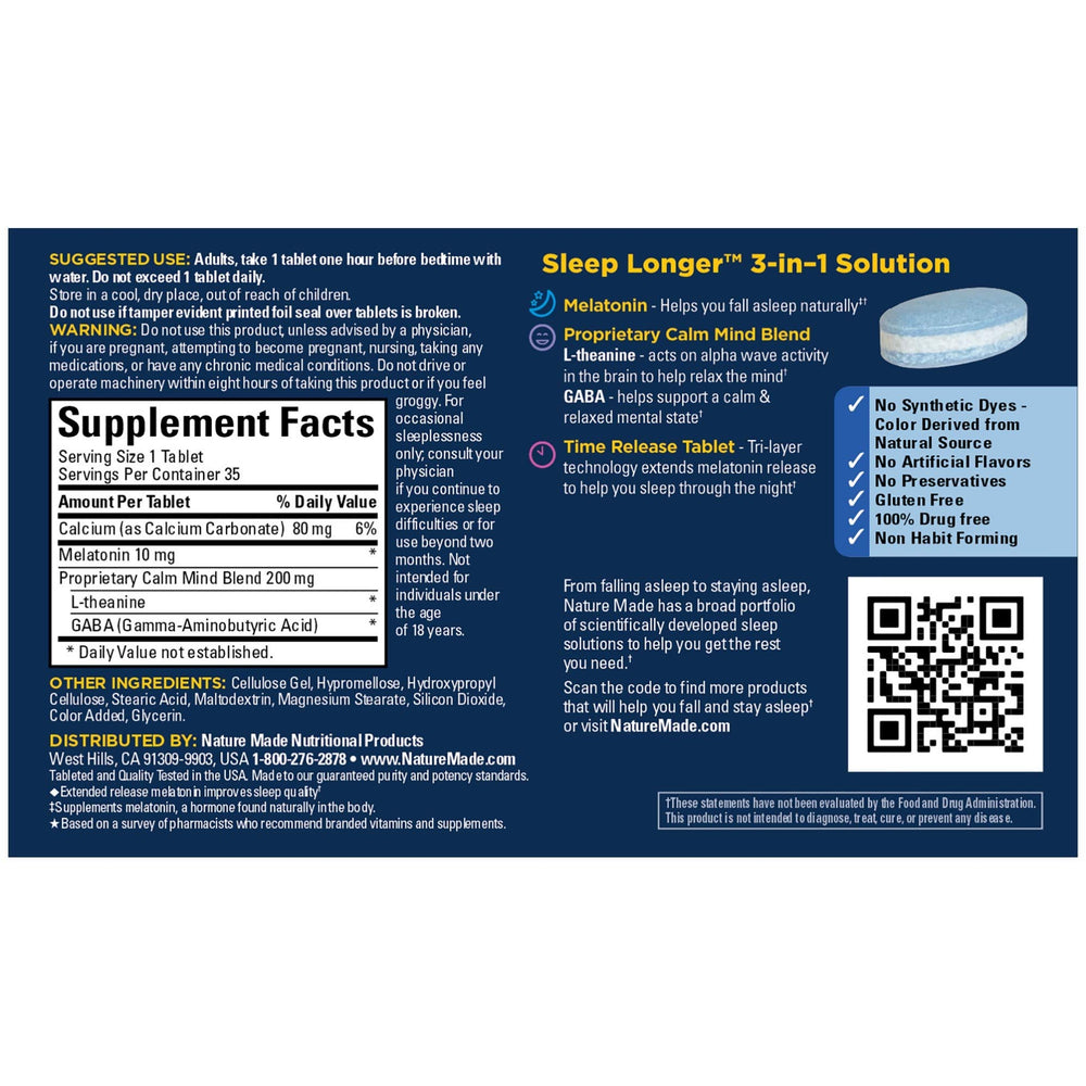Nature Made Sleep Longer bottle closeup emphasizes time-release melatonin design