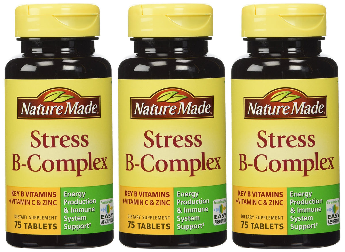 Nature Made Stress B Complex with Zinc bottle front showing energy and immune support cues.