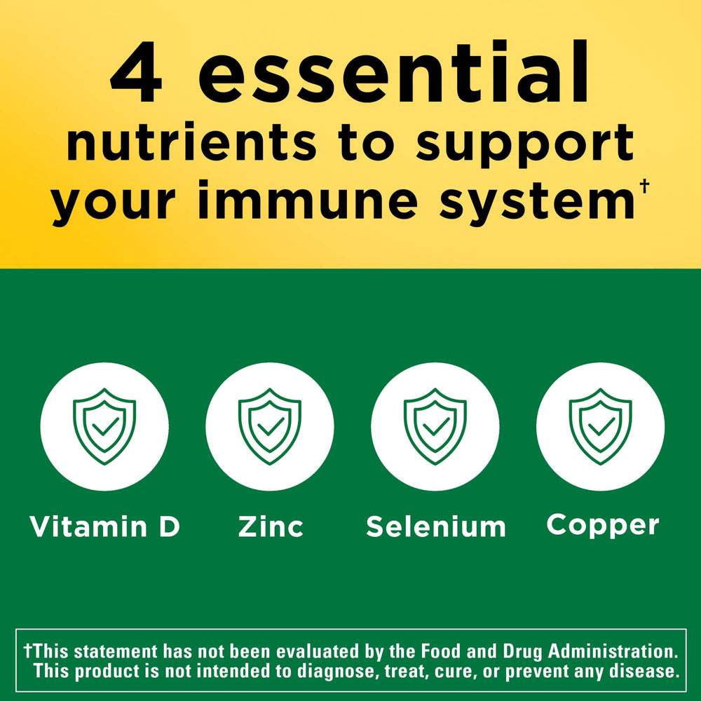 Nature Made Super D Immune Complex ingredient panel with D3, zinc, selenium, and copper.