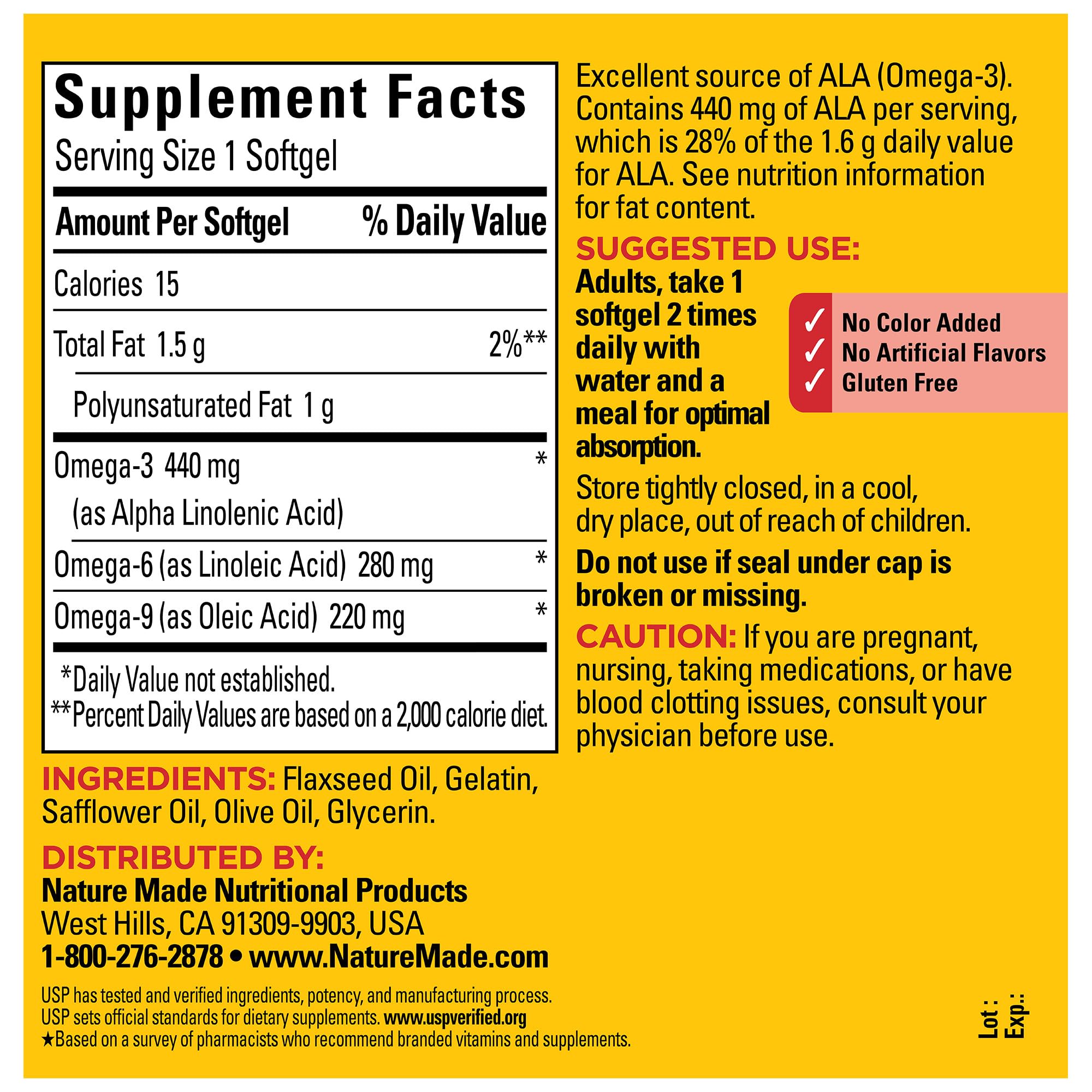 Nature Made Triple Omega 3-6-9 label closeup shows primary oil sources.