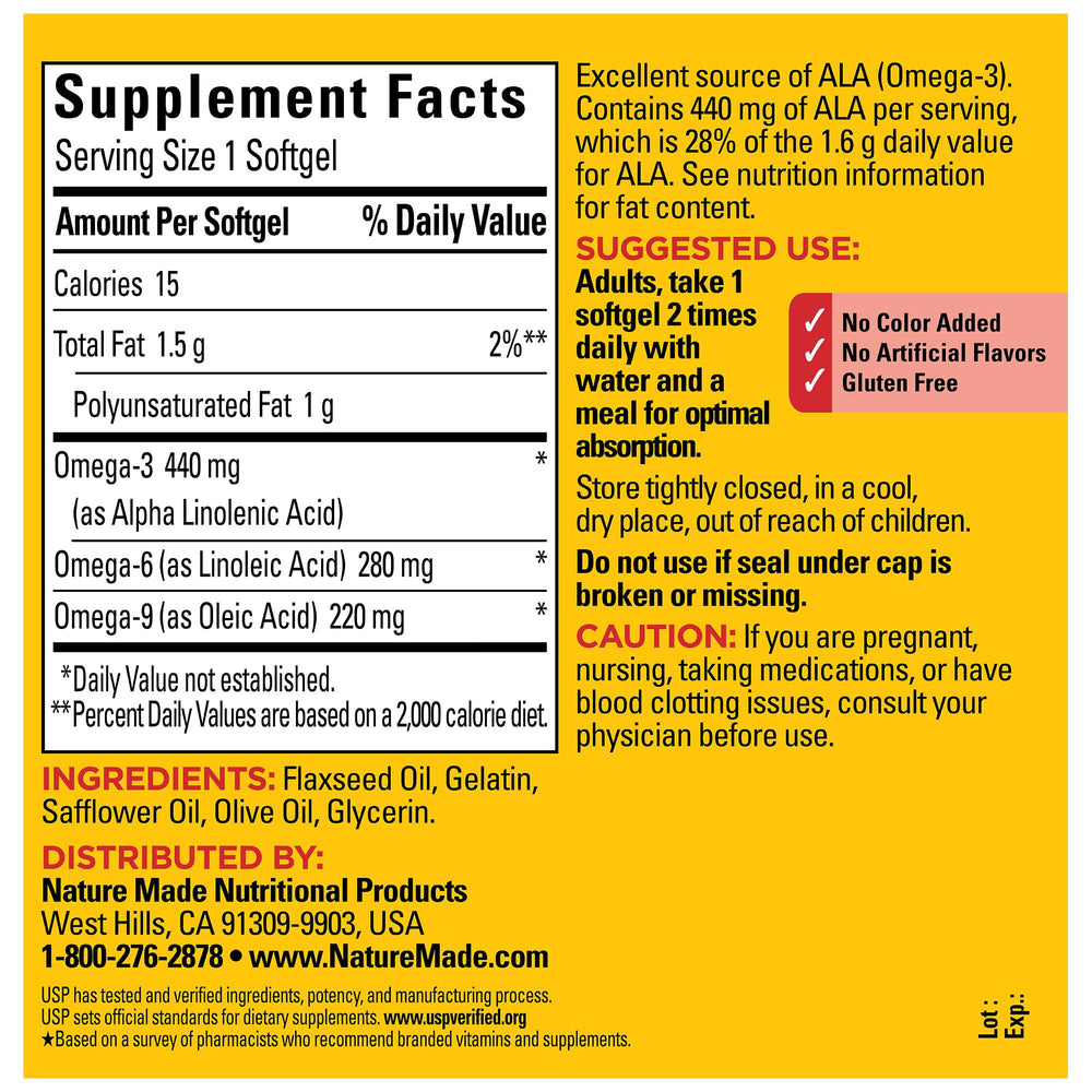 Nature Made Triple Omega 3-6-9 label closeup shows primary oil sources.