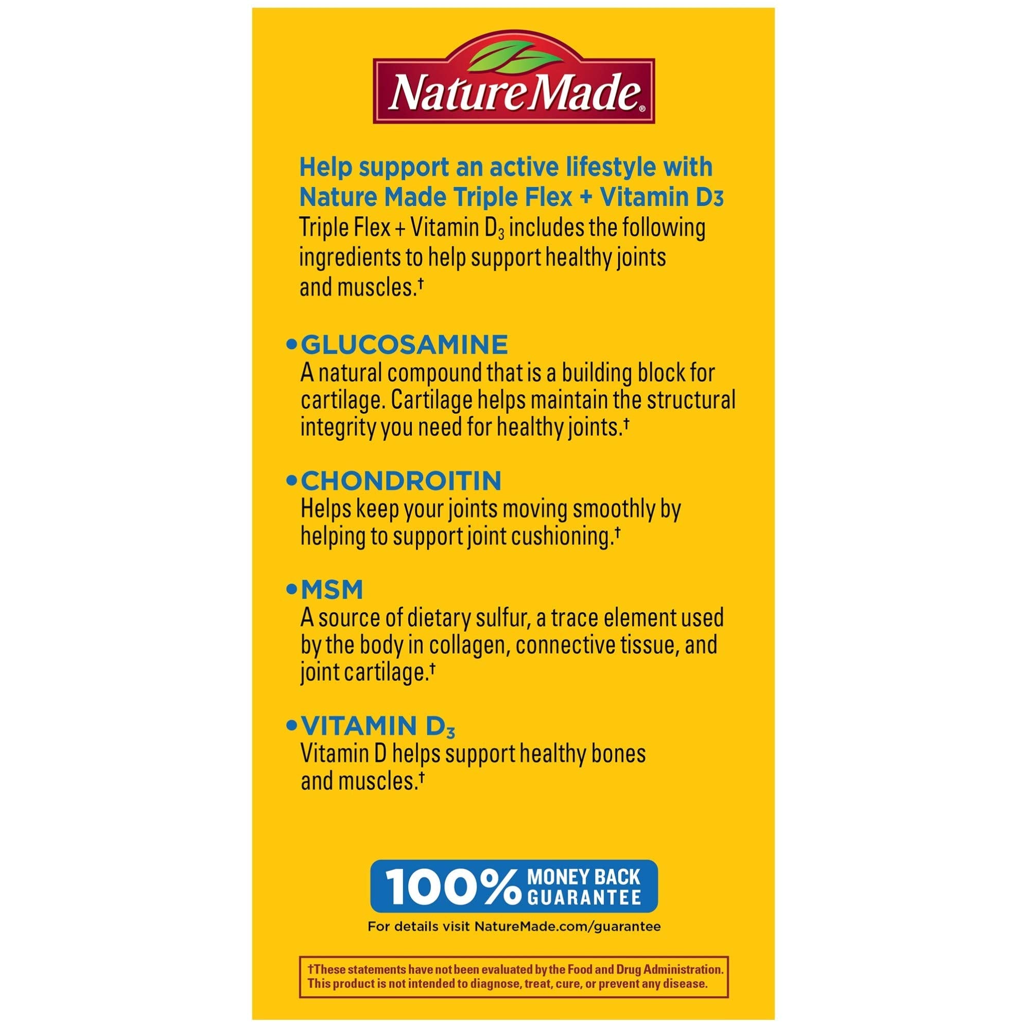 Back label with directions and servings on Nature Made TripleFlex