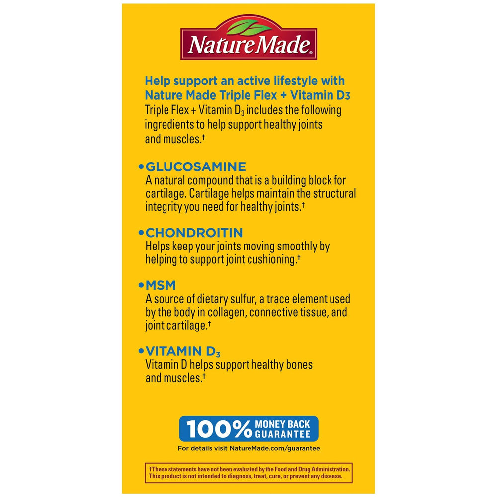 Back label with directions and servings on Nature Made TripleFlex