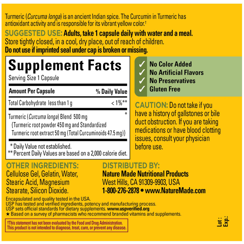 Nature Made Turmeric Curcumin 500 mg capsules in daylight showcasing golden hue.