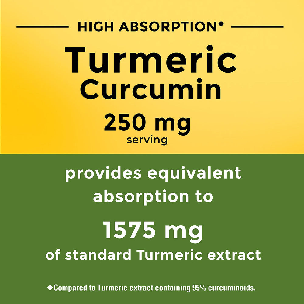 Nature Made Turmeric Curcumin label shows 250 mg extract per capsule for potency