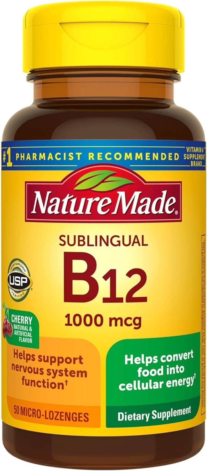Nature Made Vitamin B-12 1000 mcg lozenge bottle supports daily energy metabolism.
