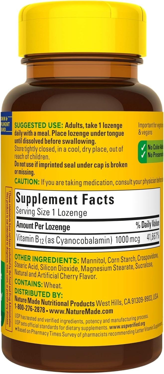 Nature Made Vitamin B-12 1000 mcg USP verified seal highlights quality.