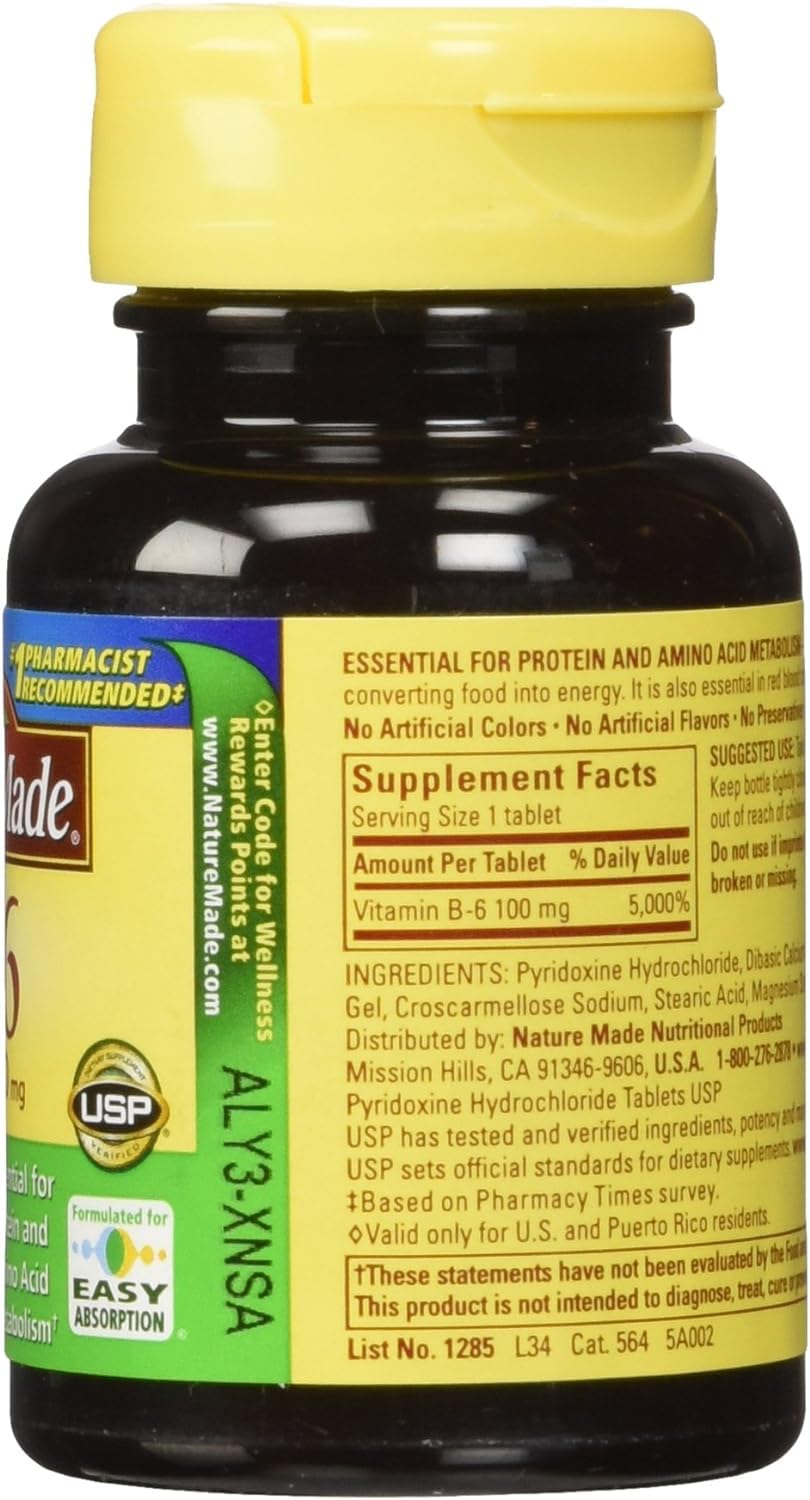 Label close-up on Nature Made Vitamin B-6 100 mg bottle.